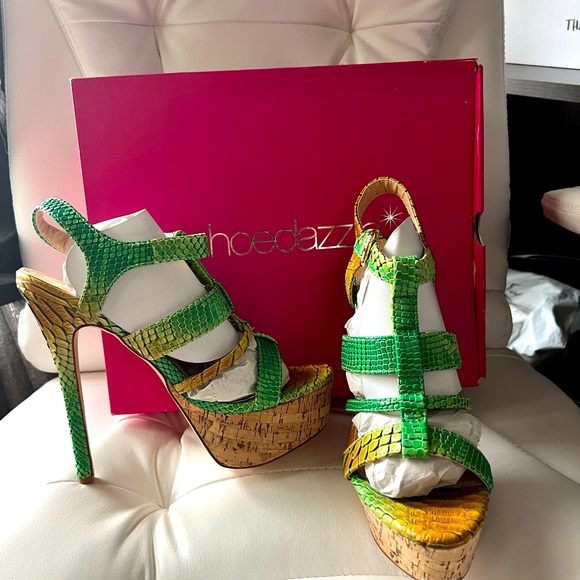 SHOEDAZZLE Ileah Cork Heels/ Size 9 / Lime Faux Snakeskin / New - Picture 3 of 5